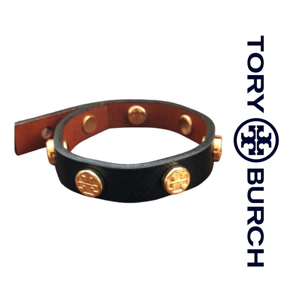 Tory Burch | Logo-Studded Wrap Bracelet | Black and Gold